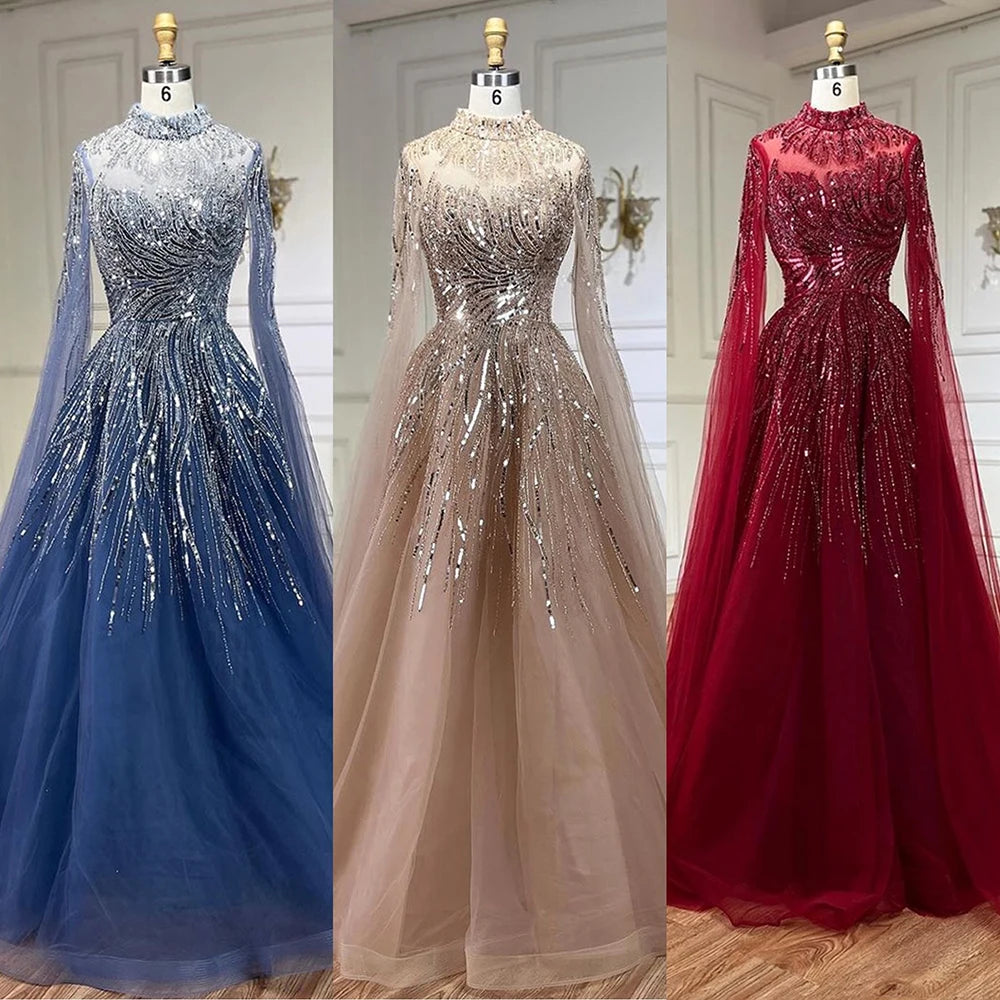 Serene Hill Caramel Luxury Evening Dresses with Cape Sleeves A-Line Beaded Lace Gown For Women's Wedding Party 2024 LA72386