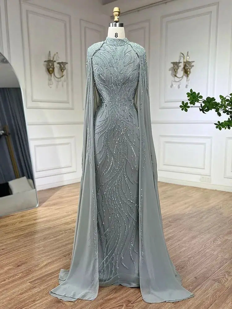Serene Hill 2024 Saudi Arabic Pink Mermaid Evening Dress With Beaded Satin Long Cape For Formal Occasion LA72413A