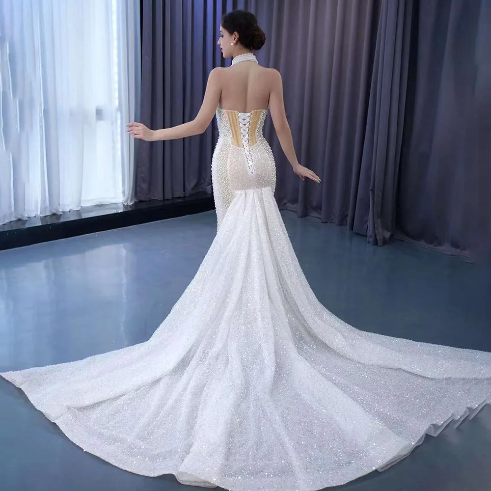 Serene Hill White champagne Mermaid Lace Up Luxury Pearls Beaded Bride Gowns Wedding Dress 2024 High End Custom Made HM231033