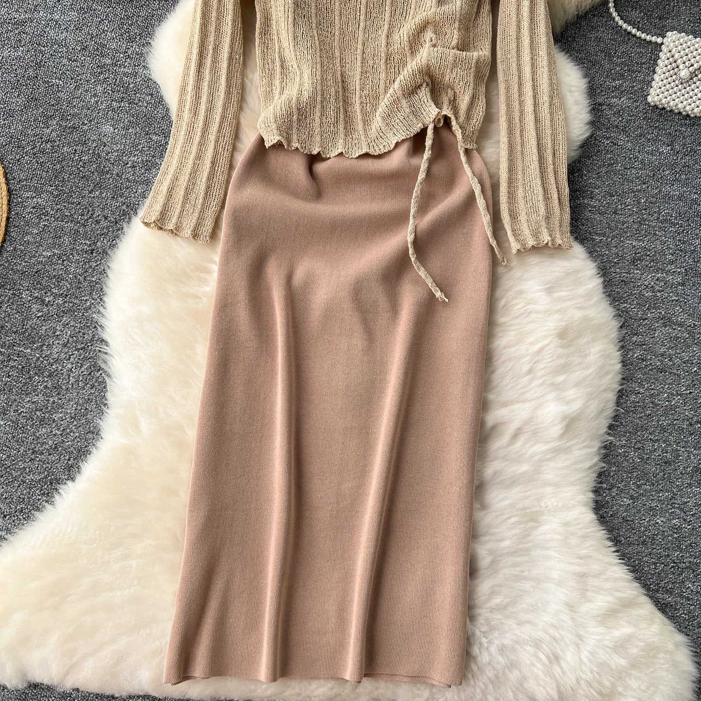French Vintage Shirring lool sleeve slip knit overcoat with sweet slip A-line Chic Casual Vacation Women Summer dresses