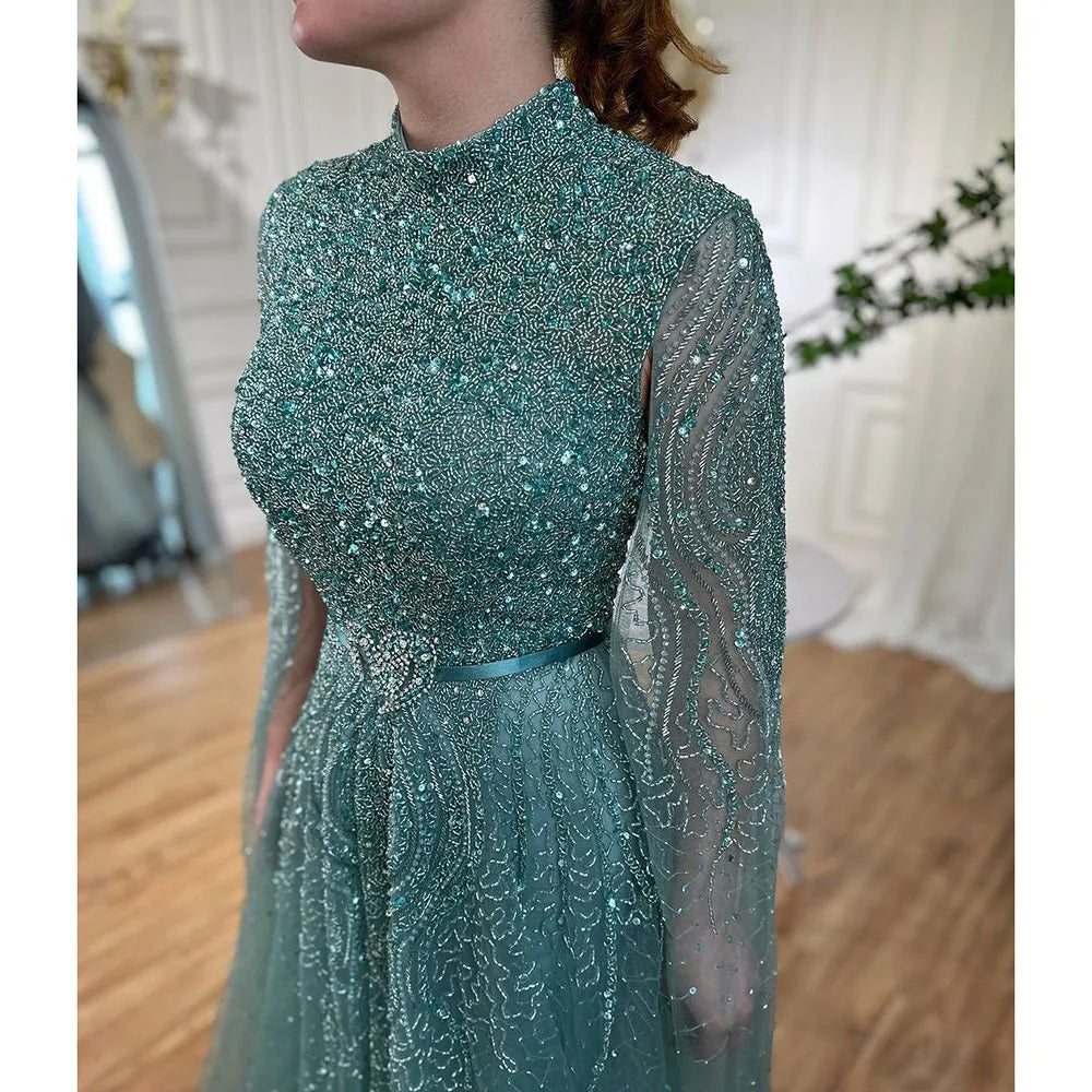 Serene Hill Blue A-Line High-end Beaded Luxury Cape Sleeves Evening Dresses Gowns 2024 For Woman Party Plus Size LA70066B