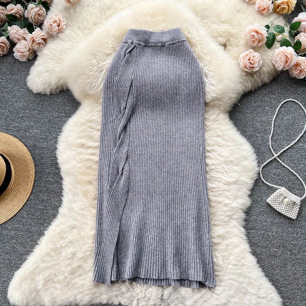 Women Elegant Chic Split Sexy Skirt Elastic Knit High Waist Fashion Vintage Pencil Skirt Black White Spring Autumn Clothing