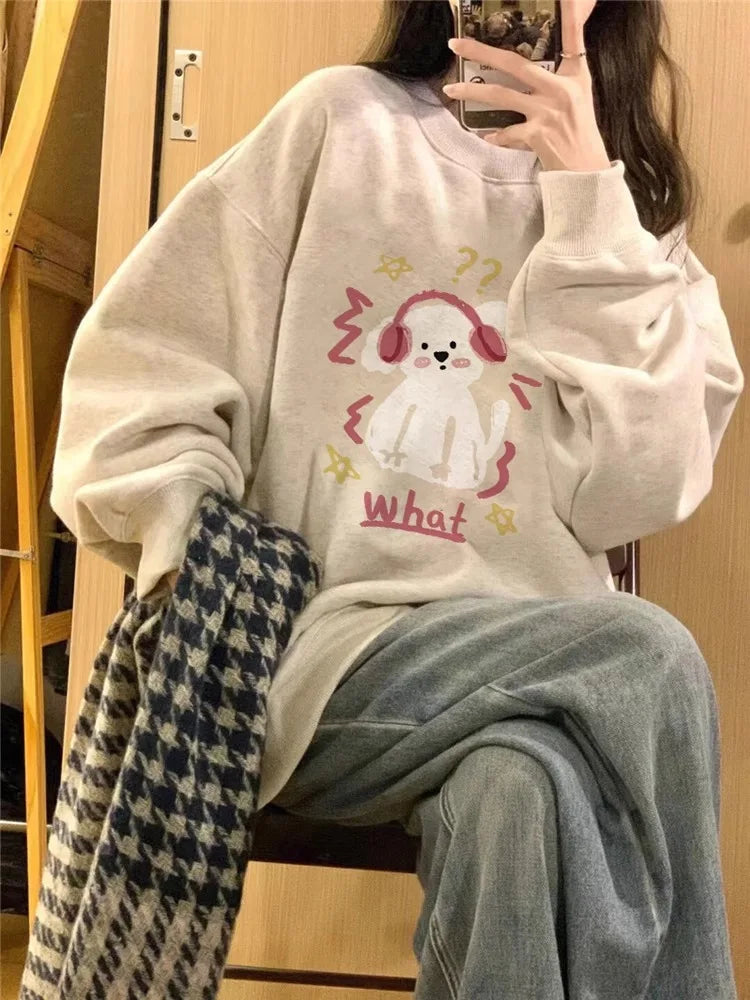 2024 Spring Autumn New Couple Top Unisex Thickened Retro Oversize Pullover Cartoon Puppy Print Round Neck Long Sleeves Pullovers