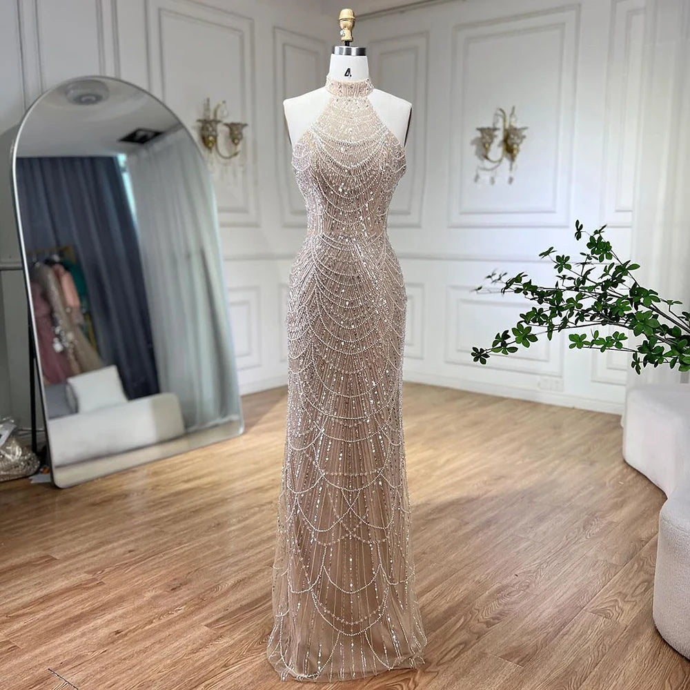 SERENE HILL Dubai Arabic Nude Mermaid With Gloves Luxury Beaded Evening Dresses Gowns 2024 For Women Wedding Party GLA72032A