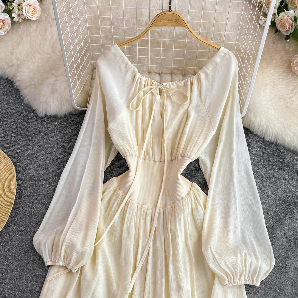 Elegant Sweet Princess Party Dress Women High Waist A-Line Lace Up Autumn French Vintage Prom Robe One Piece Vestidos Mujer New