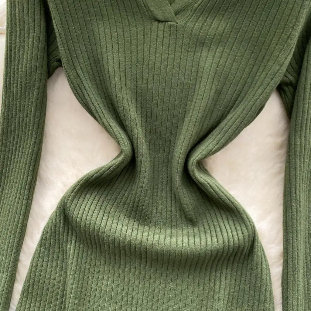 Y2k French Vintage Knitted Dress for Women Autumn Bodycon V-neck Long Sleeved Solid Simplicity Fashion Causal A-line Dresses
