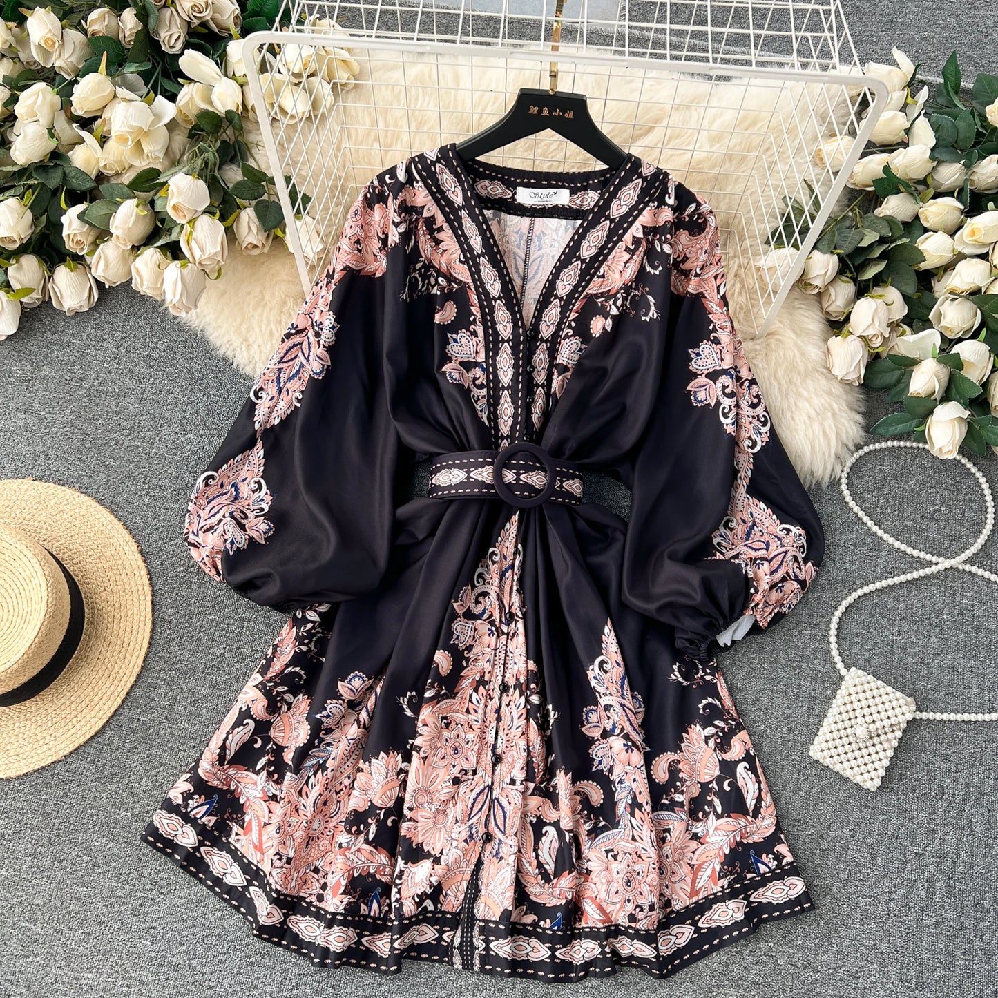 Vintage Print Elegant V-eck Single Breasted Lantern Long Sleeve Dress A-line Casual Women Fashion Summer Spring Vestidos
