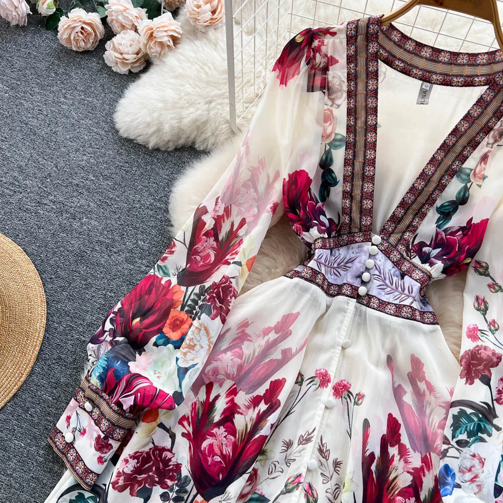 Retro Floral Print Pleated Elegant Chiffon Maxi Dress A-line Mesh V Neck Beach Vacation Party Dress Women Summer Spring Vestidos
