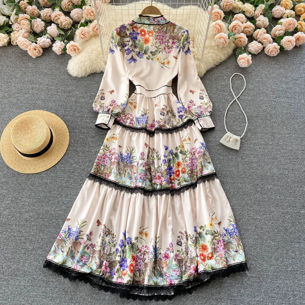 Vintage Elegant Long Dress Women Slim Floral Printed Party Dresses Tie Bow Elastic Waist Lantern Long Sleeve Long Robe Vestidos
