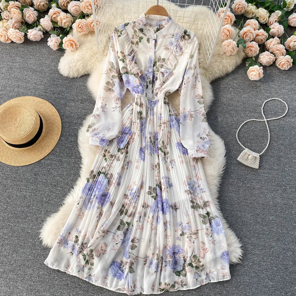 Retro Floral Print Pleated Elegant Chiffon Maxi Dress A-line Fashion Beach Vacation Party Dress Women Summer Spring Vestidos