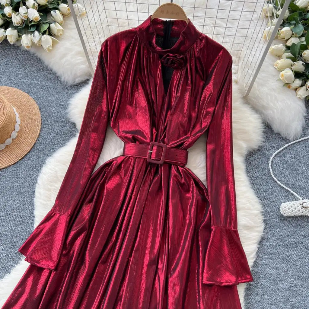 Autumn Vintage Pleated Women Long Dress Elegant Stand Collar Solid A-Line Party Prom Vestidos Female Birthday Clothes Mujers