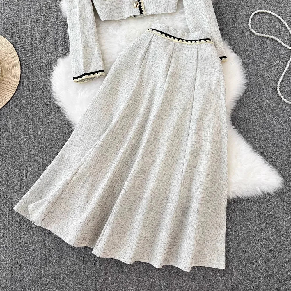 Small Fragrance Elegant 2-Piece Set Spring Autumn Trendy Women's Outfit O-Neck Short Coat+High Waist Midi A-line Skirt Suit