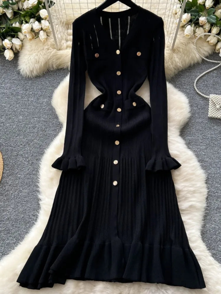 Elegant Women Solid Knitted Dresses Autumn V-Neck Single Breasted Chic Flared Sleeve Ruffles Hem Casual Female Slim Office Robes
