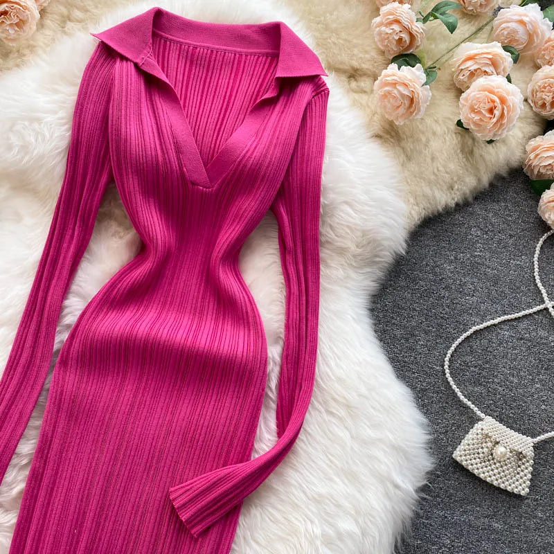 Women Chic Elegant Long Sleeve Split Bodycon Midi Dress Sexy French Fashion Knit Wrap Vestidos Elastic Slim Pencil Sweater Dress