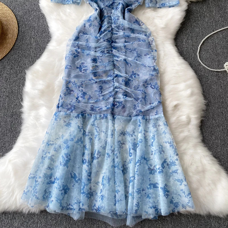 Summer Sexy Vintage Bodycon Women Dress Elegant Solid Print Slim Evening Party Club Prom Dresses Female Mesh Clothes Robe New