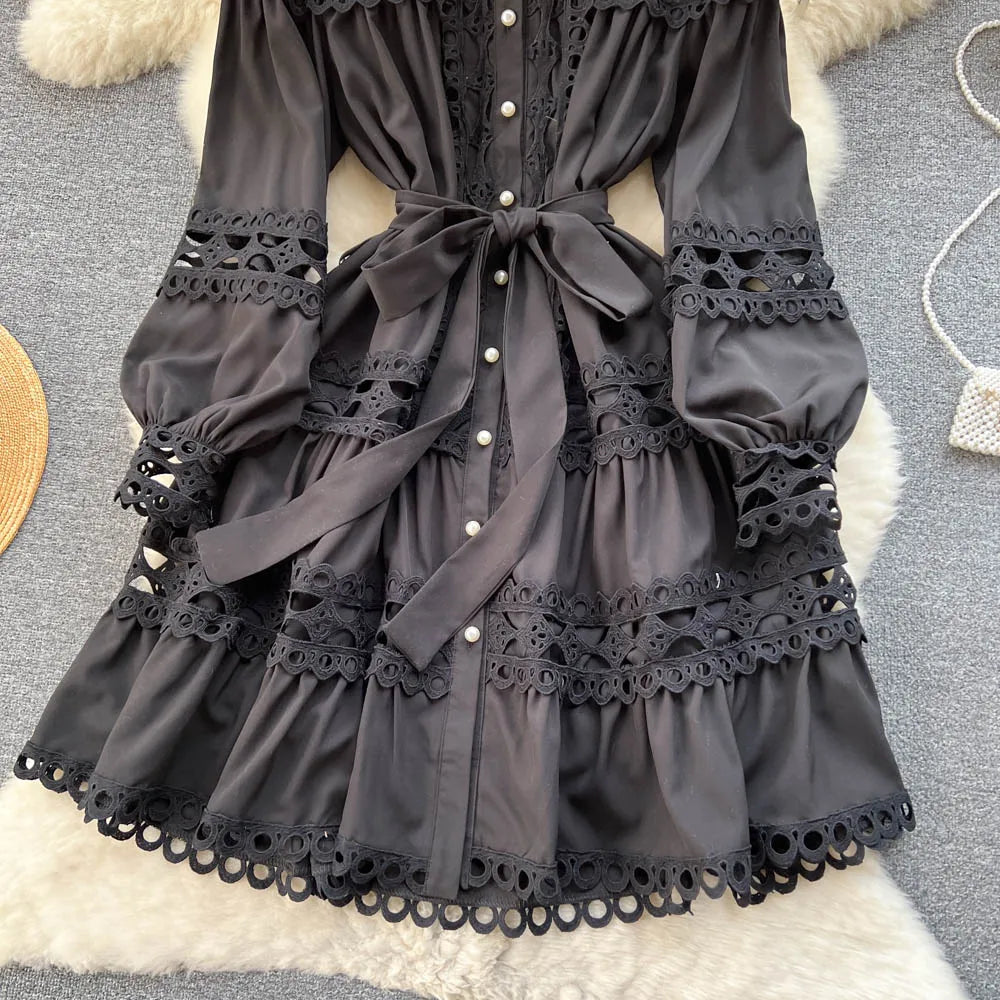 2023 Spring Summer Holiday Dress Women Stand Collar Long Sleeve Button Up Embroidery Trim Luxury Elegant Mini Dress With Belt