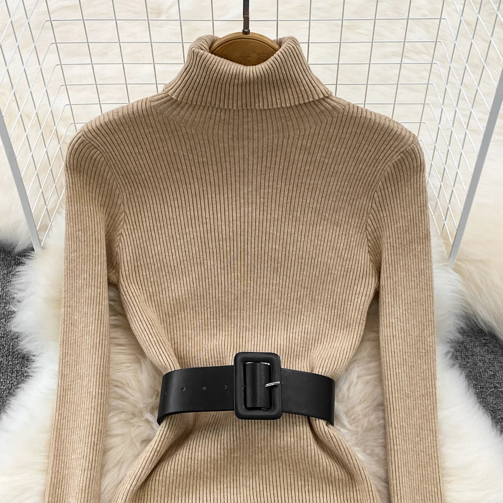 Elegant Turtleneck Long Sleeve Knit Soft Tight Pencil Dress with Belt Slim Fashion Warm Sweater Vestido Sexy Women Winter Robe