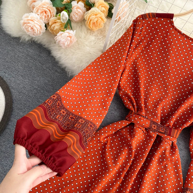 Vintage Print Elegant Puff Sleeve One Piece Dress A-line Lace-up Beach Vacation Midi Dress Women Fashion Spring Autumn Vestidos