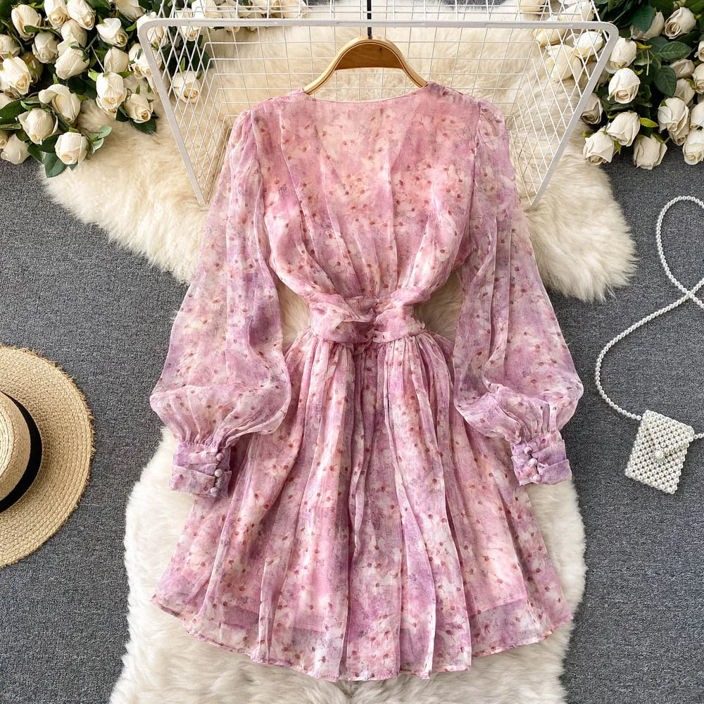Vintage Floral Print Pleated Elegant Puff Sleeve Dress A-line Chiffon Beach Vacation casual Dress Women Summer Spring Vestidos