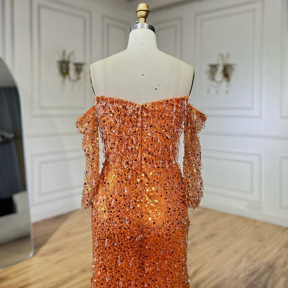 Serene Hill Arabia Orange Mermaid Strapless Luxury Beaded Crystal Evening Dresses Gowns for Women Wedding Party 2024 GLA72402