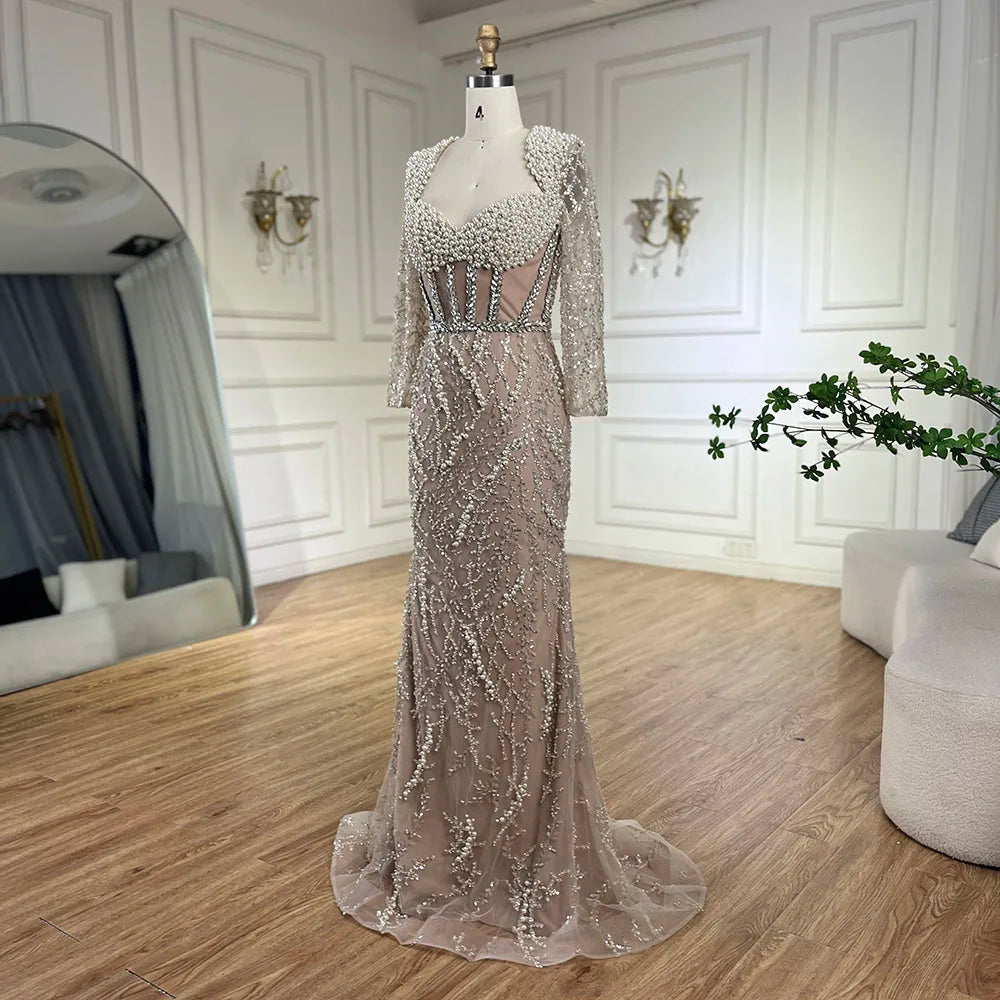 Serene Hill Dubai Luxury Pearls Beaded Nude Elegant Arabic Mermaid Evening Dress for Women - Wedding Party 2024 LA72361