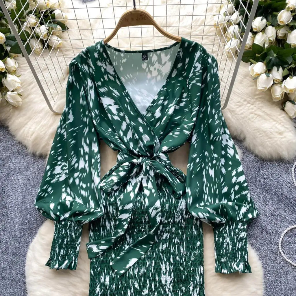Women Casual Vintage Print Ruffle Long Dress Autumn Elegant V Neck Lantern Sleeve Party Mermaid Dresses Holiday Female Mujer New