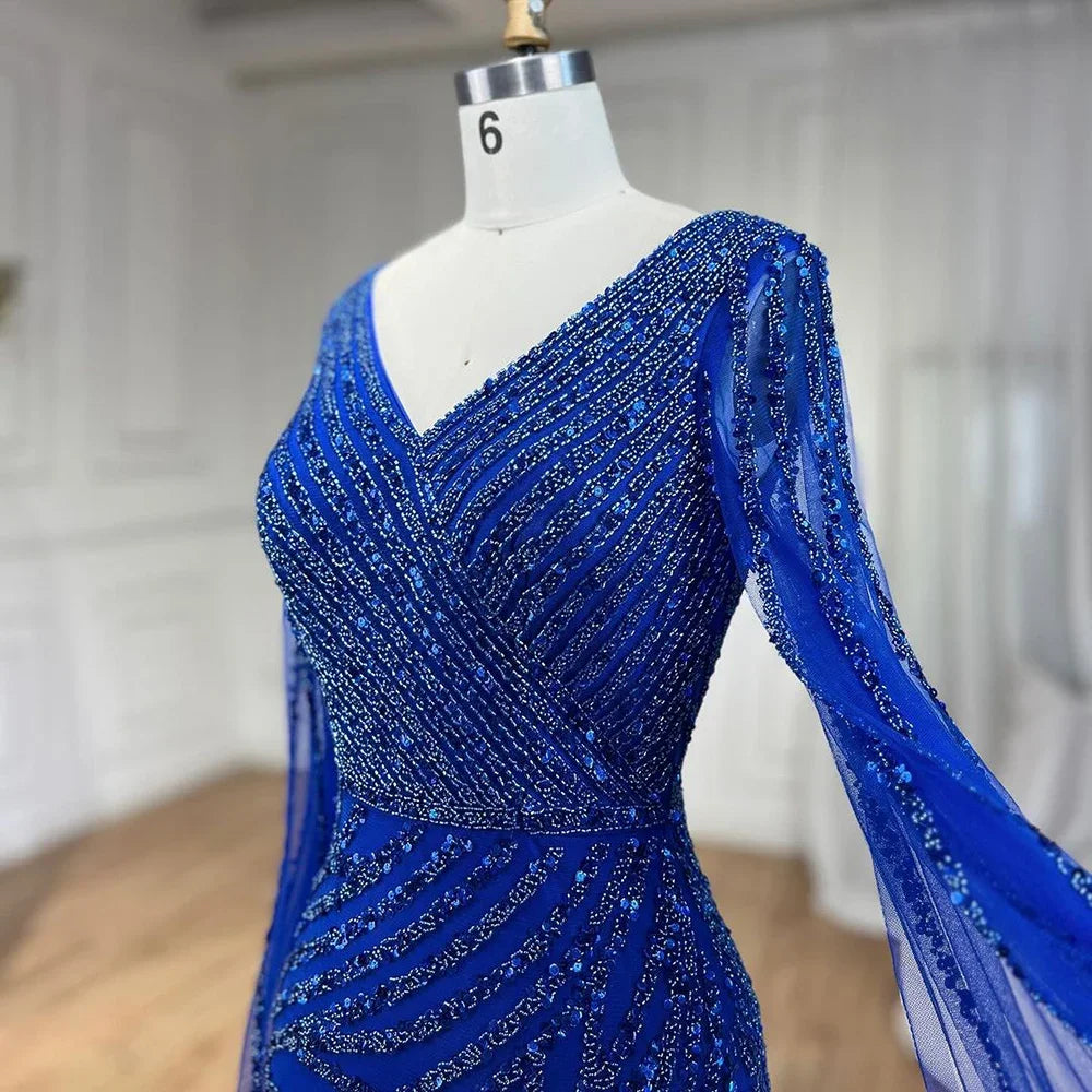 SERENE HILL 2024 Arabic Dubai Caramel Mermaid Luxury Beaded Evening Dresses Cape Sleeves Gowns For Women Wedding Party GLA71493A