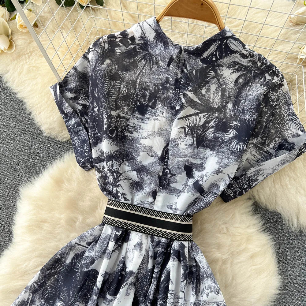 Vintage Tie Dye Print Shirt Dress Women Elegant Summer High Waist Slim A Line Printed Chiffon Long Robe Ladies Casual Long Robe