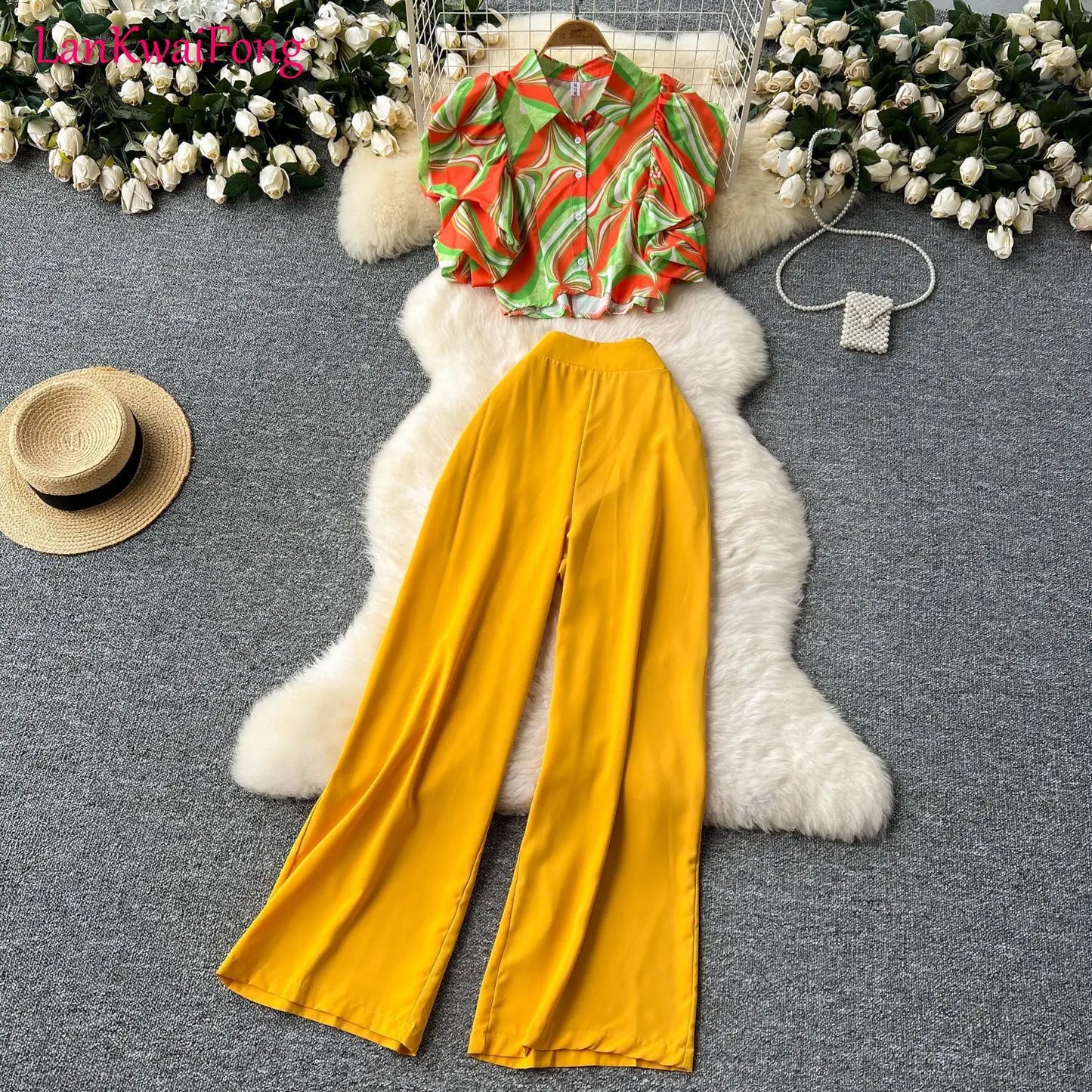 LKF Elegant Fashion Vacation Women's Set Short Lotus Leaf Sleeve Printed Button Up Shirt+High Waist Wide Leg Pants Two Piece Set
