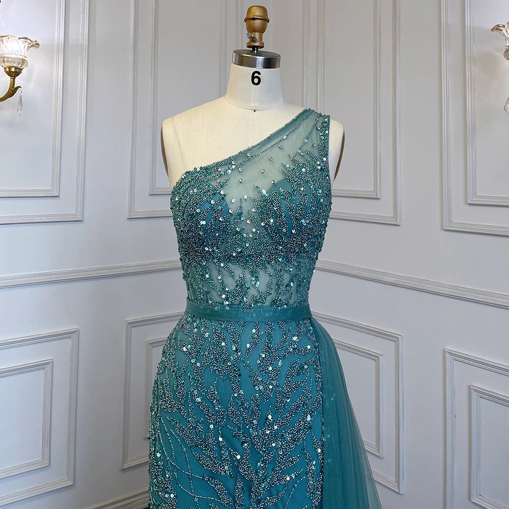 Serene Hill Turquoise Mermaid Elegant With Skirt High Split Evening Dresses Gowns Luxury Beaded Crystal 2024 Women LA71582A