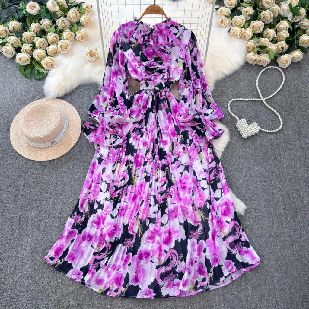 Summer Vintage Casual A-Line Floral Print Women Dress Elegant Chic Pleated Party Prom Vestidos with Belted Female Long Robe