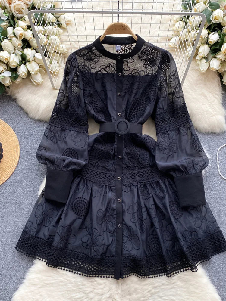 Spring Dresses 2024 Crochet Trim Cutwork Embroidery Mini Holiday Dress Women Stand Collar Long Sleeve Elegant Party Dresses