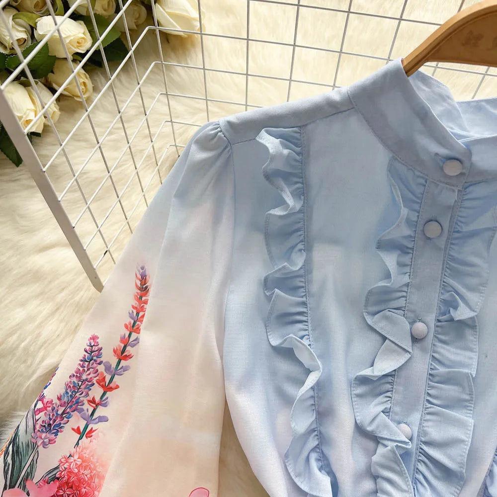 Chic Print Ruffle Elegant Puff Sleeve Dress A-line Casual Belt Beach Vacation Mini Dress Women Fashion Summer Spring Vestidos
