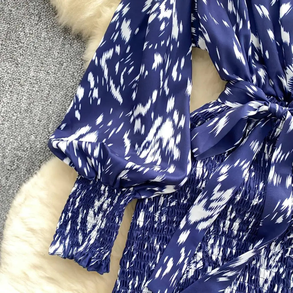 Women Casual Vintage Print Ruffle Long Dress Autumn Elegant V Neck Lantern Sleeve Party Mermaid Dresses Holiday Female Mujer New