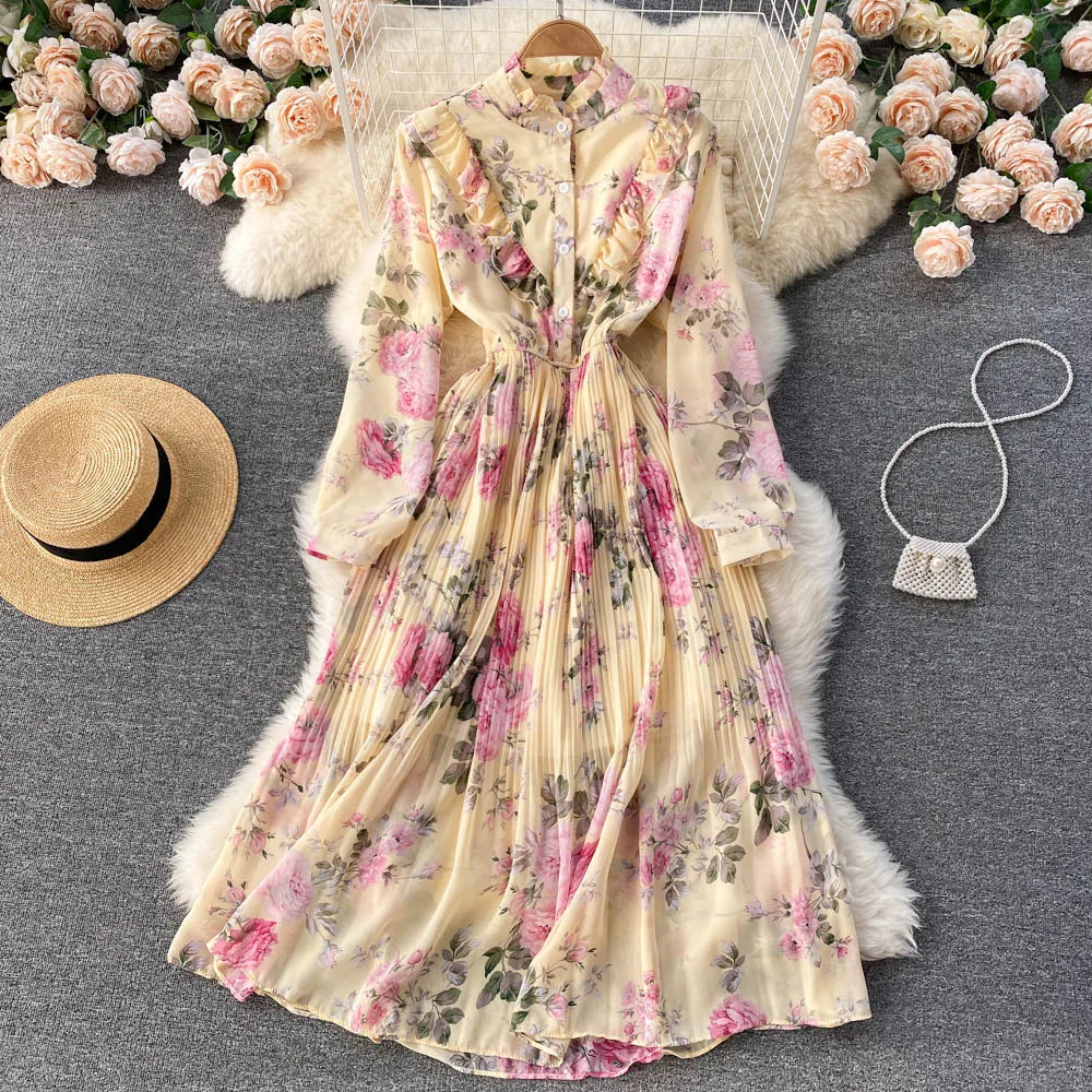 Retro Floral Print Pleated Elegant Chiffon Maxi Dress A-line Fashion Beach Vacation Party Dress Women Summer Spring Vestidos