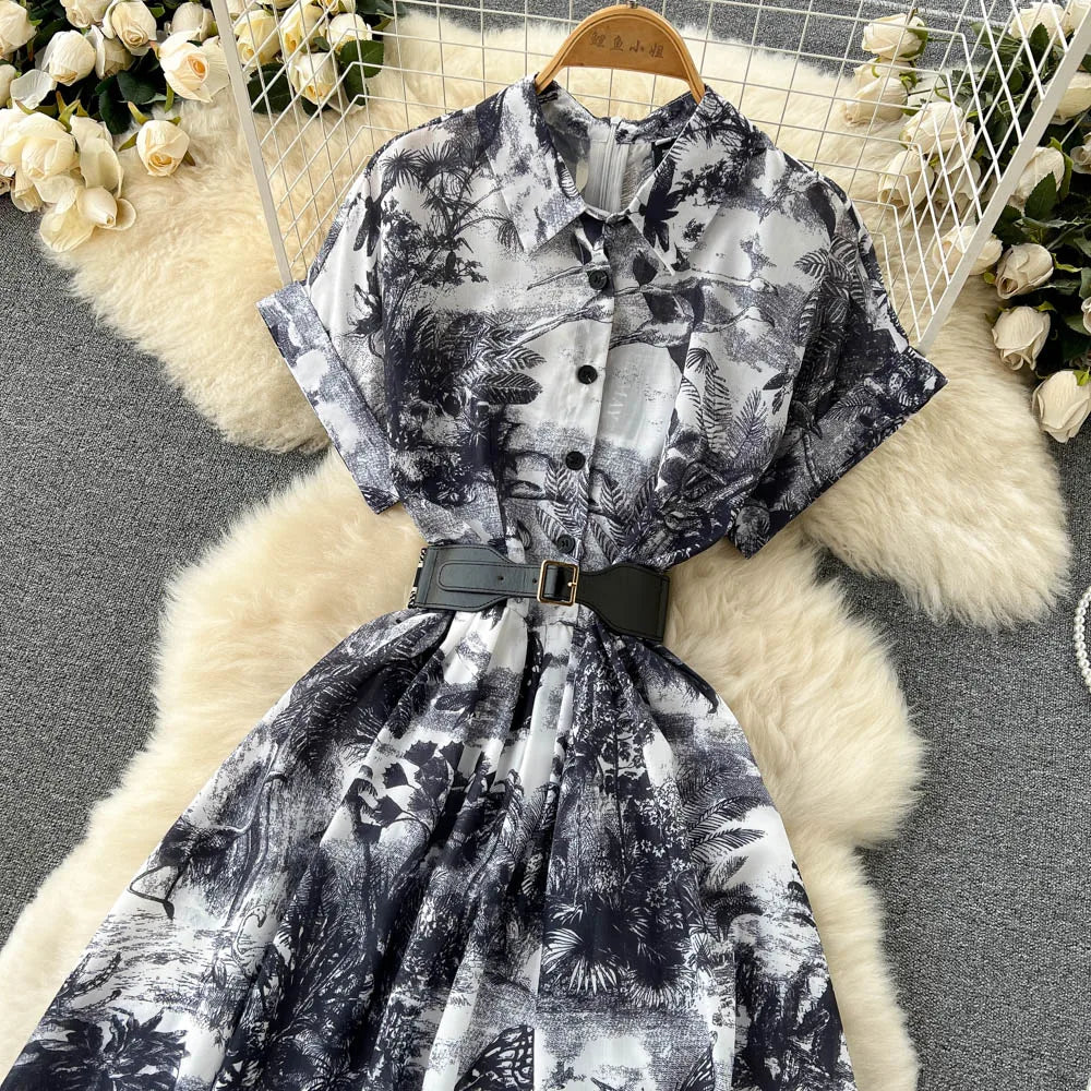 Vintage Tie Dye Print Shirt Dress Women Elegant Summer High Waist Slim A Line Printed Chiffon Long Robe Ladies Casual Long Robe