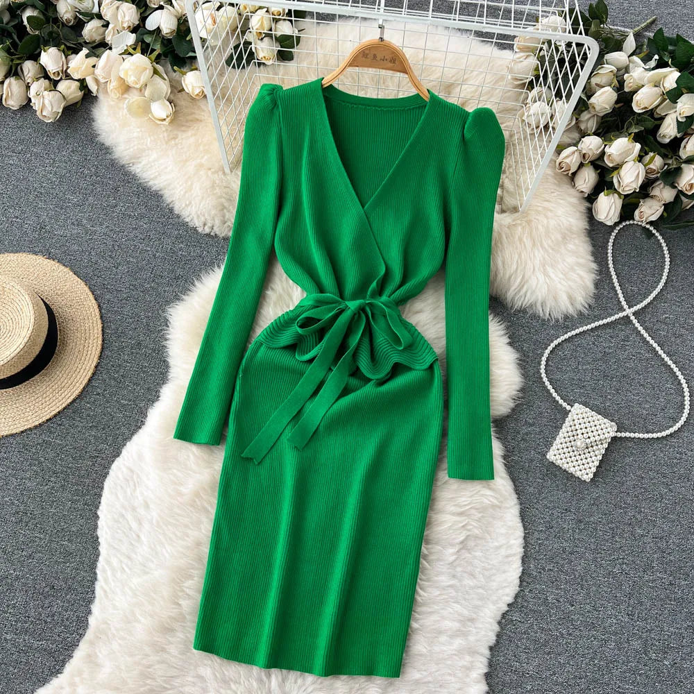Women Long Sleeve V Neck Sexy Knit Bodycon Dress Chic Vintage Lace Up French Fashion Vestidos Party Elegant Fashion Dresses Y2k