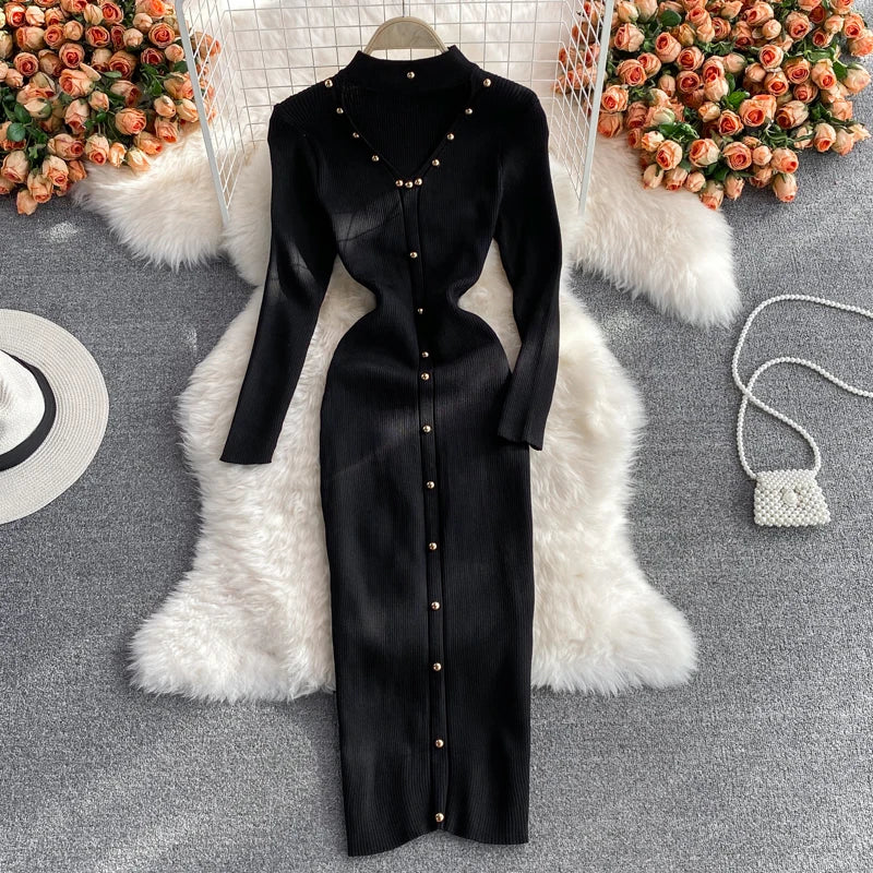 Women Chic Hollow Elegant Long Sleeve Bodycon Dress Sexy Party French Fashion Knit Wrap Vestidos Tight Slim Pencil Dress