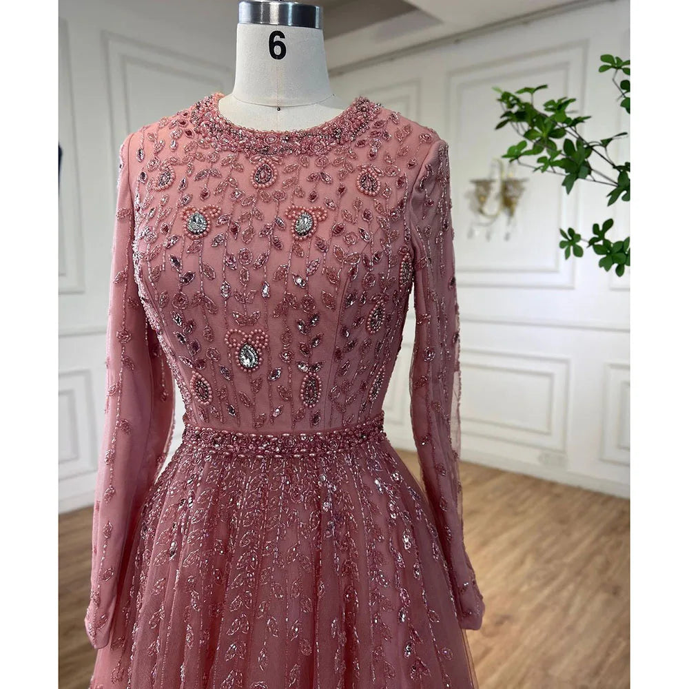 Serene Hill Peach Long Sleeves A-line Muslim Evening Dresses Luxury Beaded Dubai Wedding Party Gowns 2024 For Women GLA71803C