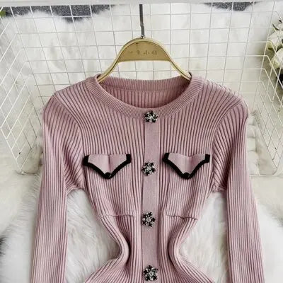 Women Elegant Chic Long Sleeve Sexy Slim Bodycon Dress Vintage Korean Fashion Knit Tight Vestido Autumn Winter Sweater Robe