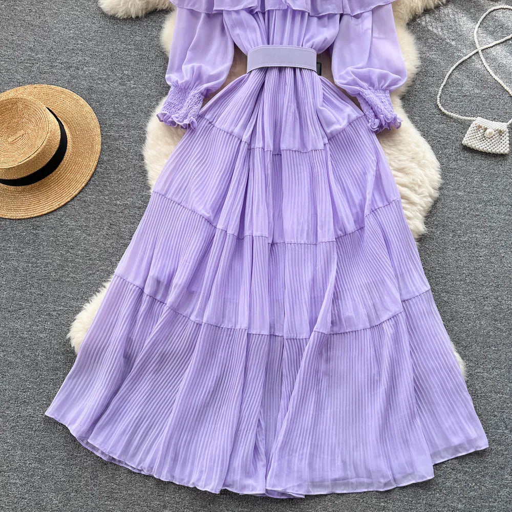 Vintage Pleated Slash Neck Off Shoulder High Waist Dress Long Sleeve Dress Chic Summer Beach Vestidos Women Vacation Sundress
