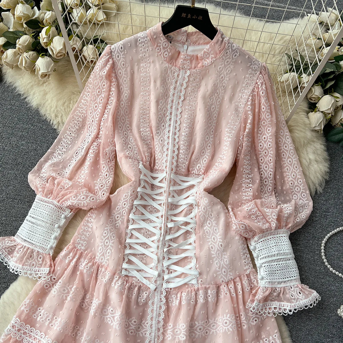Dresses For Women 2023 Luxury Fashion Waist Lace Up Embroidery Dress Spring Long Sleeve Elegant Wedding Guest Party Mini Dress