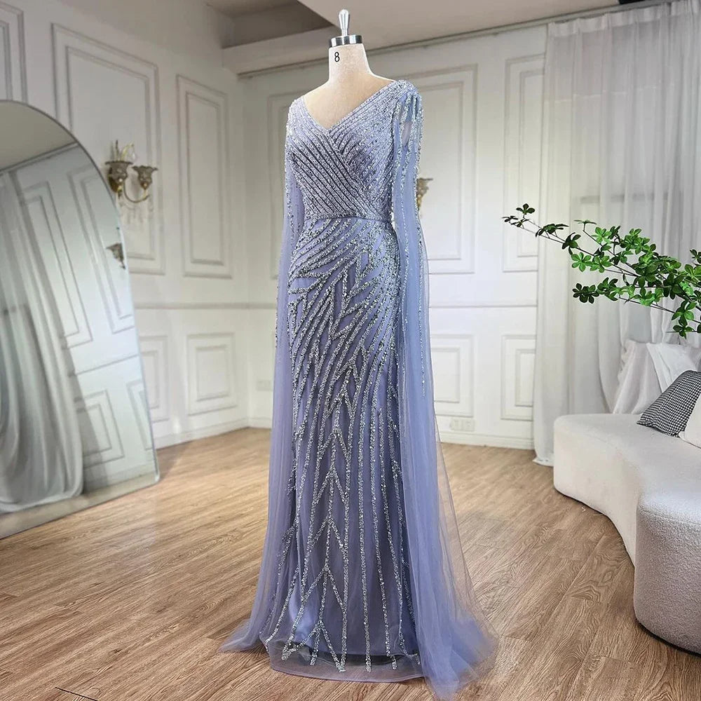 SERENE HILL 2024 Arabic Dubai Caramel Mermaid Luxury Beaded Evening Dresses Cape Sleeves Gowns For Women Wedding Party GLA71493A