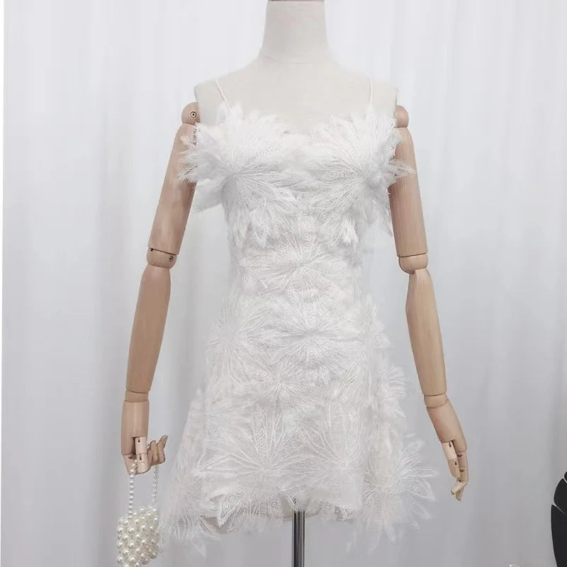 French White Feather Lace Flower Fairy Dress Hollow out Sexy Waist Wrapped Chiffon Hanging Spaghetti Strap Dresses Summer