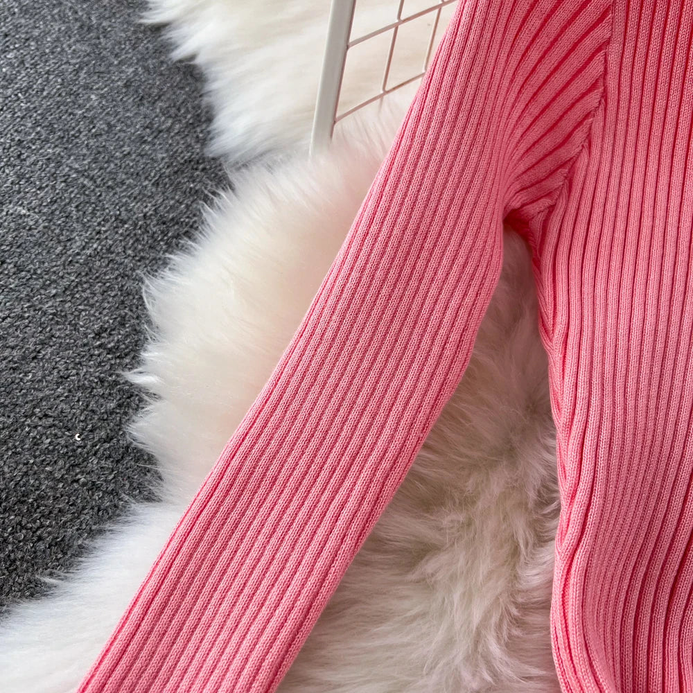 Women Chic Elegant Long Sleeve Bodycon Vneck Dress Sexy French Fashion Knit Wrap Vestidos Elastic Slim Pencil Sweater Dress