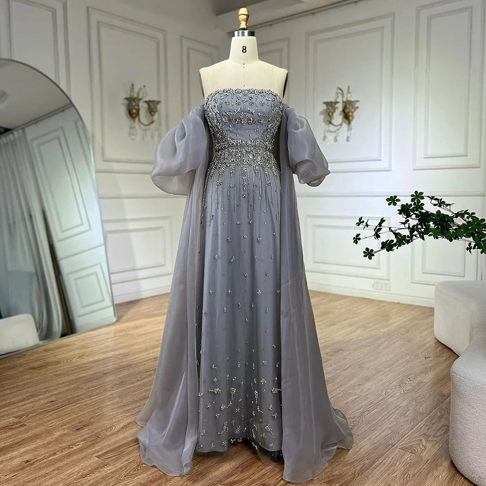 Serene Hill Black Sexy Off the Shoulder Puff Sleeves Evening Dresses Beaded Overskirt Mermaid Party Gown For Women 2023 BLA72002