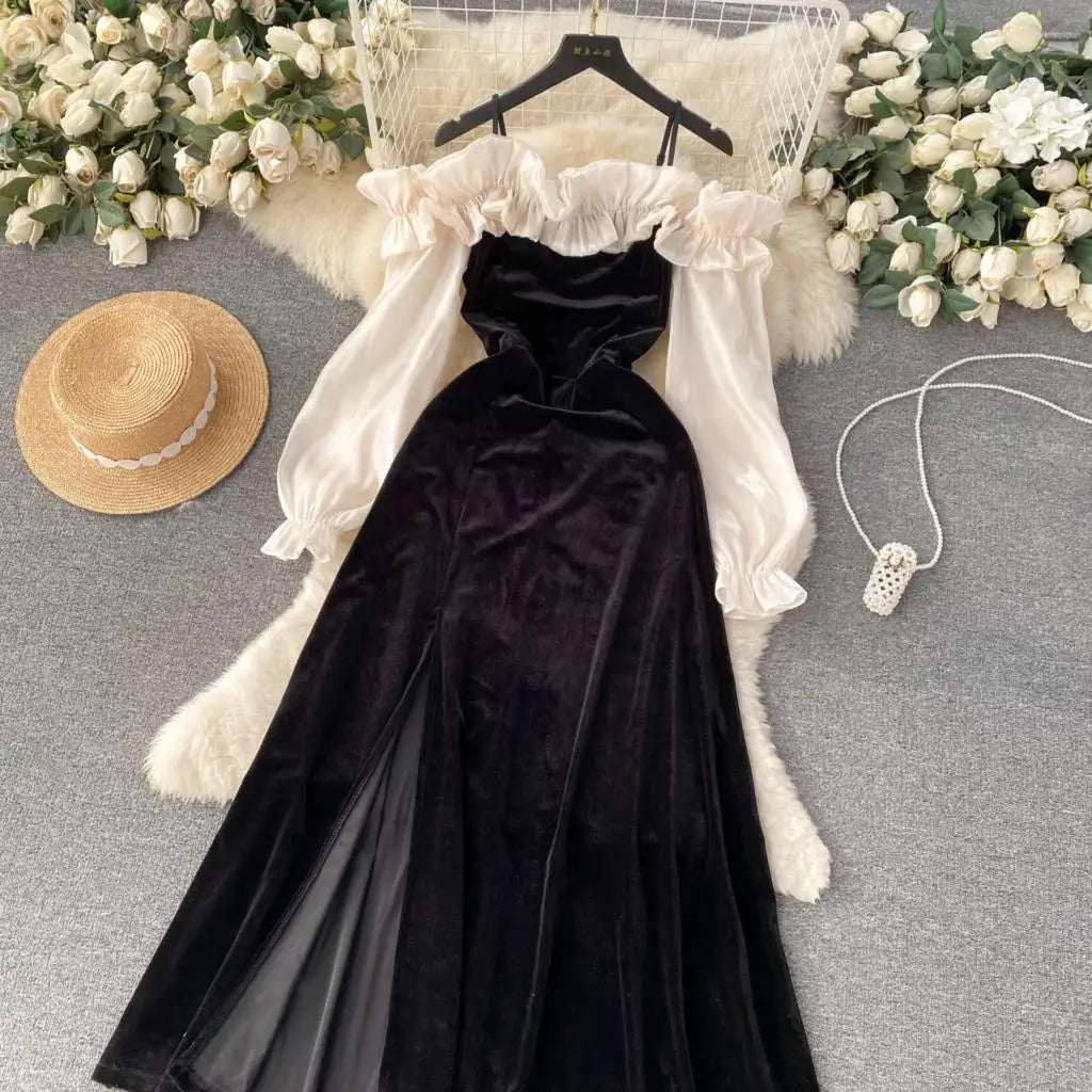 Sexy Bodycon Off Shoulder Party Dress Women Ruffles Velvet Patchwork Elegant Lady Fashion Prom Robe A-Line Vestidos Mujers New