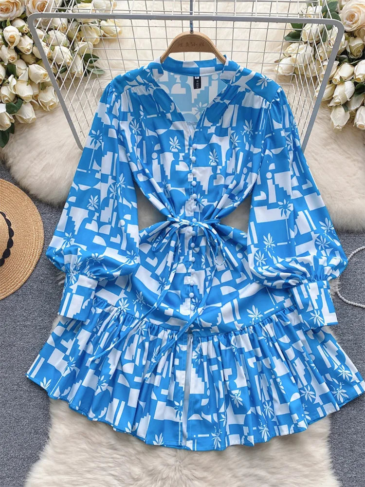 Short Dresses For Women Front Button Up Elegant Geometric Print Dress V Neck Long Sleeve Ruffle Hem Tie Belt Mini Casual Dress