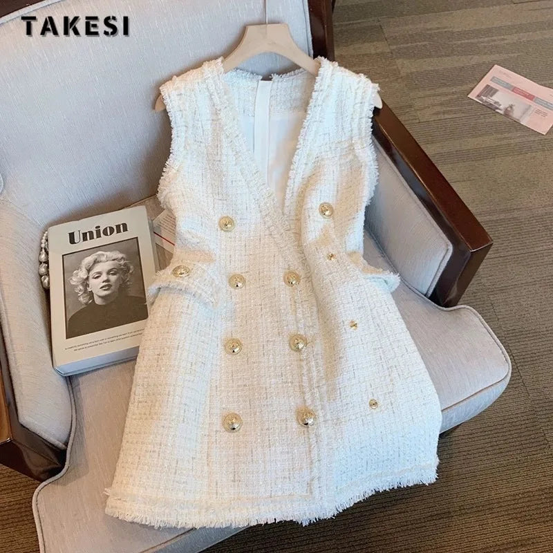 French Style Women Elegant Sleeveless V-neck Solid Color Dresses 2024 Summer Luxury Slim Fit Double Breasted Camisole Dress