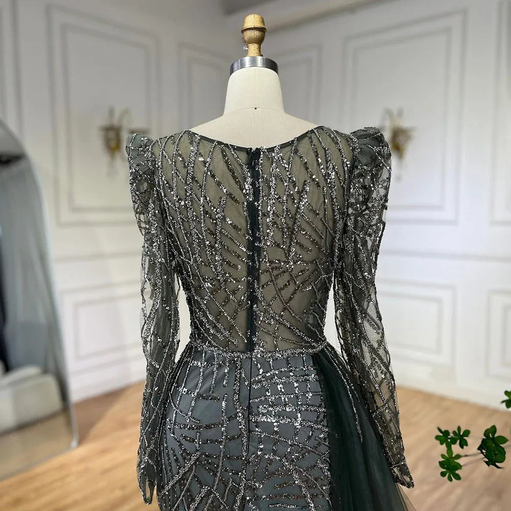 Serene Hill Muslim Gold Mermaid Beaded Luxury Dubai Evening Dresses Gowns With Overskirt 2024 For Women Party LA72206